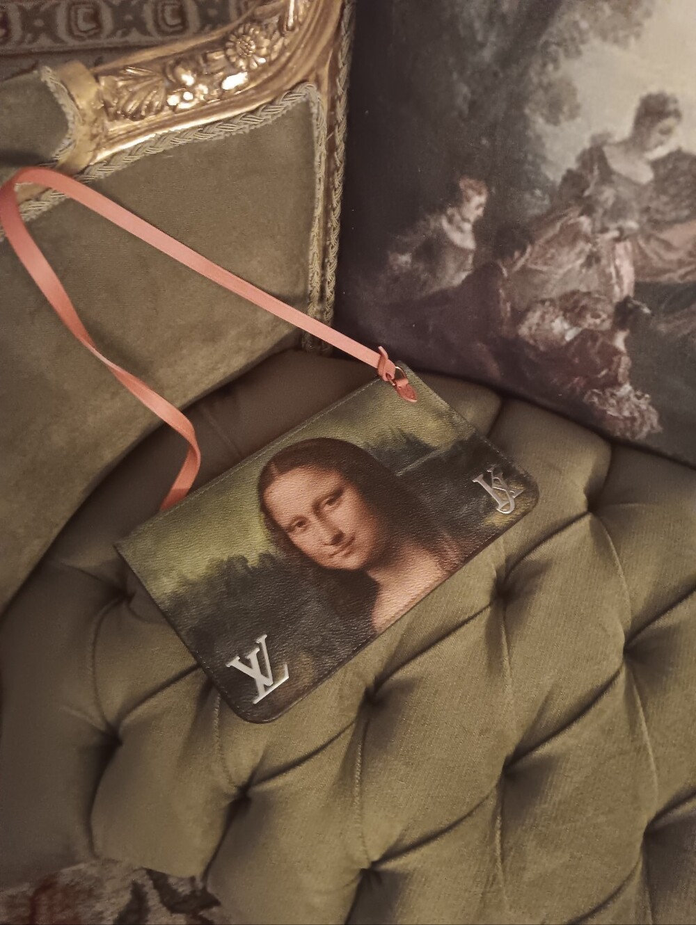 Louis Vuitton Olive Green Mona Lisa Art-Print Wristlet with Pink Strap